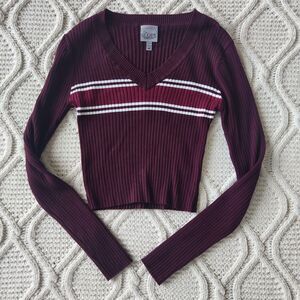 Slope L/S Ribbed Burgundy Maroon White Crop Top Size M